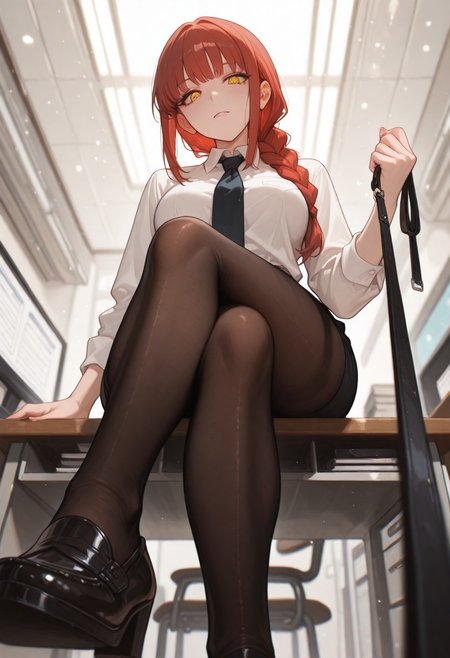 artist:Konya Karasue, masterpiece,amazing quality, 1girl, makima, red hair, braided ponytail, yellow ringed eyes,  collared shirt, necktie, viewer on leash, leash towards viewer, blurry forground, full body, indoors, office, desk, sitting on desk, crossed legs, from below, looking down, 
artist:moriimee, perspective,