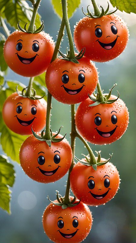 a delicate cluster of (cherry-tomatoes with cute faces) (hanging from stem) (with smiling faces), (laughing faces), (opalescent textures), (nightshade-leaves) growing in the early morning light, in the background beautiful valleys, , volumetric light, ethereal, sparkling, studio photo, highly detailed, sharp focus