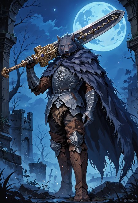 score_9, score_8_up, score_7_up, rythblaiddpony, blaidd (Elden Ring), wolf knight, cape, armor, greaves, gauntlets, holding sword, sword over shoulder, cowboy shot, standing proudly, looking at viewer, smiling, backlit, blue moon, giant moon, moonlight, ruins, dark forest, fog, <lora:nostalgia:0.8> retro, <lora:blaiddpony:1>