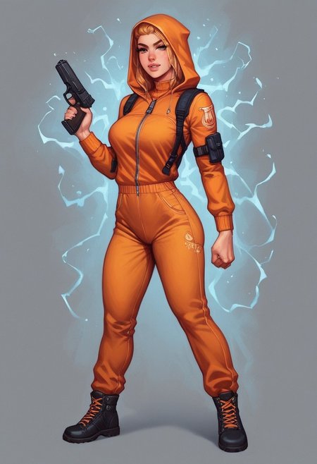 (1girl), Lyra's iridescent jumpsuit shimmers like a moonlit lake, with neon pink and electric blue accents. Her hair crackles with electricity, styled in loose waves. Eyes burn like hot coals in fiery red and orange
((((full-clothed)))), ((long big pistol in hands, handgun in hands))
BREAK 
strange world background score_9, score_8_up, score_7_up, score_6_up, source_cartoon, rating_explicit, Expressiveh, (((((full body))))), dynamic pose