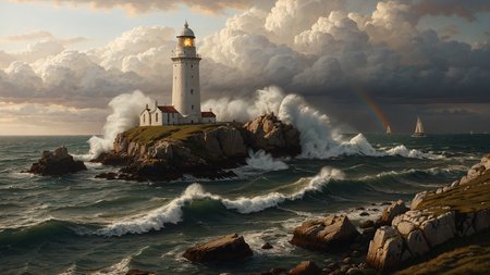 A coastal English lighthouse on a rocky shore, where crashing waves provide a rhythmic serenade,  <lora:RMSDXL_Creative:0.8>, Cinematic lighting,  <lora:EnvyFeverDreamXL01a:0.7>,   <lora:The_Classic:0.8>