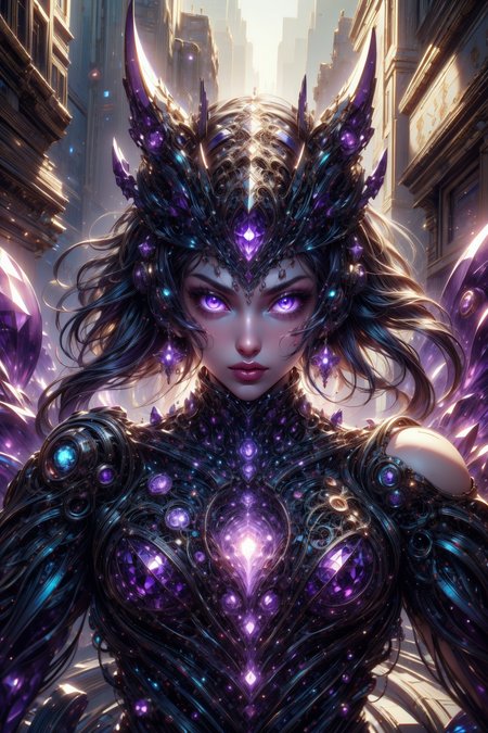 (masterpiece:1.1), (best quality:1.1), (intricate:1.1), (detailed:1.1), (ornate:1.1), (aesthetic:1.1), (vibrant colors:1.1),BREAK, 
(purple theme:1.1), (glowing:1.0), (glimmer:1.0), BREAK,
(upper body:1.0), (woman:1.0),(marching:1.0), (robot body:1.0), (amethyst:1.2), (gemtech:1.0), (internal reflections:1.0), (headdress:1.0), (glowing eyes:1.0), (looking at viewer:1.0), <lora:GemTech:1.0> , BREAK,
(cyberpunk:1.0) , (synthwave:1.0), (scifi:1.0)