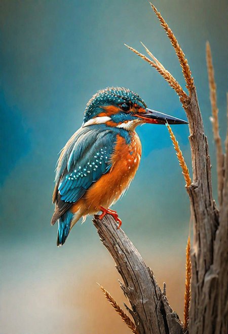 macro photo, A beautiful kingfisher perched on a dried tree beach in a river,blue water ,reeds plants insects serene , stunning masterpiece, vivid water colour , detailed on white chart paper. An evil eye symbol on the bottom right