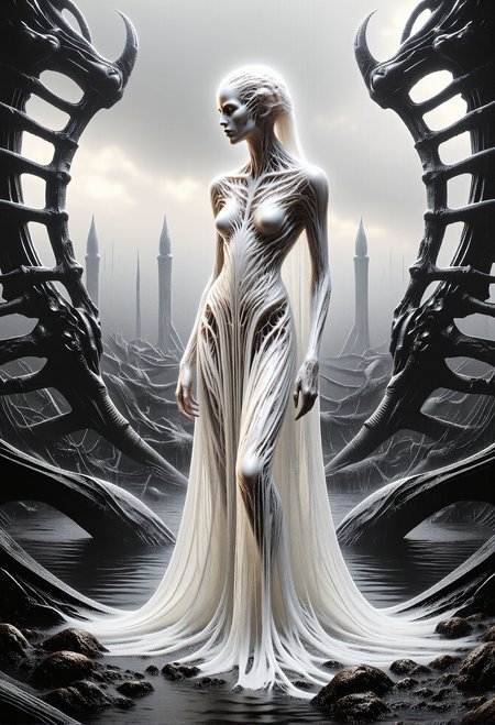 A woman with porcelain-smooth skin, her form rendered with sharp, geometric precision, stands serenely in a landscape of stark contrast: ebony black and ivory white. Abstract bone-like structures, reminiscent of a skeletal ribcage, frame her, creating a stark visual contrast to the flowing lines of her pristine white dress. Subtle textures, like the sheen of oil on water, ripple across the scene, adding a layer of delicate detail. The sky above is gray and overcast, with soft, diffused light filtering through the clouds. Her expression is serene yet melancholic, her eyes closed in quiet introspection, suggesting a deep contemplation of lifeâs transient nature. White liquid metal flows subtly across the scene, adding to the surreal and ethereal atmosphere. The overall impression is one of stark beauty and tranquil grief, a poignant meditation on the ephemeral essence of existence. <lora:RetroAnimeFluxV1.safetensors:0.5>,  <lora:Giger_2_0.safetensors:0.3>, <lora:style_of_H._R._Giger_FLUX_295-000006.safetensors:0.5>, <lora:monster_flux.safetensors:1.25>, <lora:aiai-Glimra-Flux-Dev-v2.safetensors:0.5>,