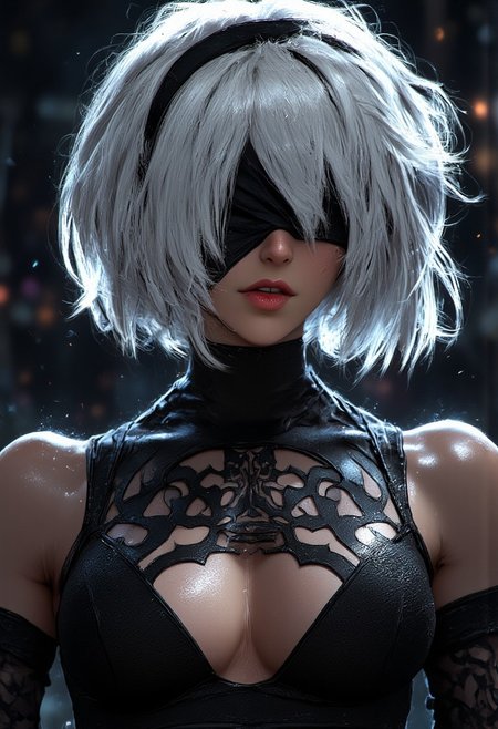 core_9, score_8_up, score_7_up, score_6_up, detailed drawing, 1girl, solo,  short hair, dress, bare shoulders, medium breasts, closed mouth, upper body, white hair, hairband, sleeveless, mole, blurry, black dress, lips, wet, depth of field, facing viewer, rain, water drop, blindfold, wet hair, covered eyes, black blindfold, yorha no. 2 type b. A stunning, hyper-realistic.The sharp, delicate features of her face are framed by long, sleek white hair, slightly tousled, with strands falling over one eye, adding to her mysterious allure. Her expression is a mesmerizing mix of determination and fragility, Soft beads of sweat cling to her flawless, pale skin, subtly glowing in the dramatic side lighting that enhances every detail. The lighting casts intricate shadows across her face, which tremble slightly with tension. There’s a moody, atmospheric glow surrounding her, blending the ethereal elements of a fantasy world with the timeless elegance of modern fashion, as if contemplating both the battle before her and the weight of her existence,Long white hair, sexy, erotic, best quality, masterpiece (Luis Royo style drawing), detailed face, face in sharp focus and intricate detail, extremely detailed, great lighting, BREAK, quality, intricate details, Mystical light, sexy, no bra, cleavage,hkmagic, sultry, mesmerising expression, black magic fantasy crypt, magical glow, dark and moody, upper body shot, shafts of light, High Definition HD, High Detail, Perfect Composition, mythp0rt