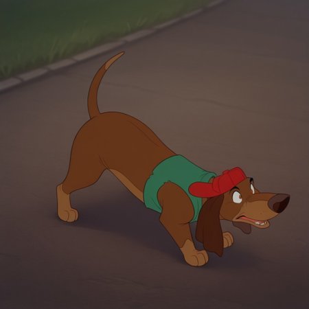 masterpiece, best quality, amazing quality, ItchyItchifordil, feral, male, Dachshund, brown fur, long ears, green shirt, sleeveless, red hat,  outside, standing,