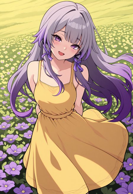 masterpiece, best quality, 1girl, solo, TheH3rt4, purple eyes, grey hair, gradient hair, purple hair, long hair, tress ribbon, lineart, yellow sundress, arms behind back, outdoors, wind, windy, flower field, looking at viewer, head tilt, smile, :d, blush, from above, <lora:ChamTheHertaNoobV4:1>