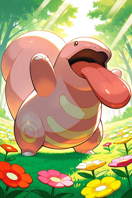 masterpiece, best quality,   Lickitung, no humans, pokemon (creature),  <lora:LickitungPokedexIXL:1.0>,   playful pose, bright grassy field, cheerful expression, tongue extended, colorful flowers, warm sunlight, vibrant and whimsical, soft lighting, highly detailed