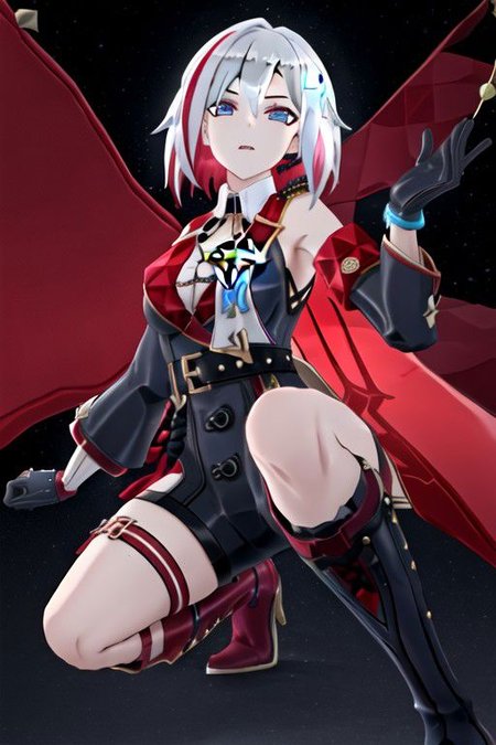 topaz \(honkai: star rail\), black gloves, thigh strap, knee boots, hair ornament, unitard, detached sleeves, badge, side cape, sleeveless shirt, belt