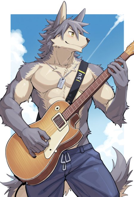 best quality, amazing quality, very aesthetic, absurdres, newest, by tupidwithouts, kouya_aotsuki, morenatsu, furry, 1boy, solo, muscular, topless, blue pants, dogtag, playing guitar, <lora:TupidwithoutS_style_Illustrious:1>, <lora:Kouya_Aotsuki_Morenatsu_Illustrious:1>
