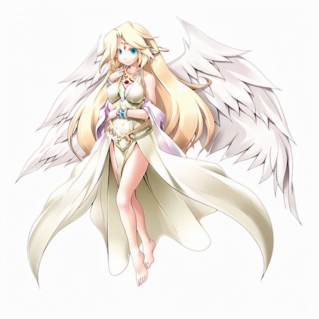 source_anime, 1girl, solo, looking at viewer ,   <lora:Goddess_Ilias:1>, Ilias(blue eyes,blonde hair,middle breasts,very long hair,wings,pointy ears,feathered wings,angel wings,angel,red forehead jewel),  clothes,  breasts,, Ultra fine depiction of details, 32k, A super beautiful woman, good anatomy, high quality, best quality, flying, transparent background, barefeet