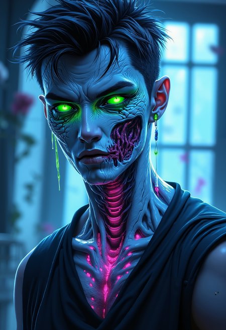 high quality, ultra detailed, colorful, dark fantasy, bo-snakecult, bo-neon, a highly detailed digital artwork depicting a surreal, otherworldly figure, the subject is a young man with a pale, almost translucent complexion, suggesting a blend of organic and mechanical elements, his face is covered in a thick, white, viscous fluid that covers most of his face and neck, giving it a textured, almost organic appearance, his eyes are a striking, glowing green, adding a supernatural element to his appearance, the man's short, spiky hair is dark and tousled, with a few strands framing his face, he wears a black, sleeveless shirt that exposes a complex, intricate, and skeletal structure in shades of red and pink, suggesting he is a human being, the background is blurred, but it appears to be an indoor setting with a large window, allowing soft, blue light to filter through, creating a sense of depth and mystery, the overall color palette is dominated by blues, greens, and purples, enhancing the ethereal and otherworldly feel of the artwork, the texture of the illustration is smooth and polished, typical of high-quality digital art<lora:boFLUX Abyss Neon.safetensors:0.8:0.8> <lora:FLUX Snakecult\bo-snakecult_epoch_4.safetensors:1.0:1.0>