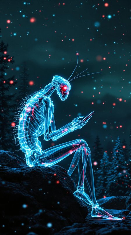 x-ray, close-up photograph of an anthropomorphic mantis dude sitting on a rock with his phone, night, green wall forest, overcast, starry sky, flickering snowflakes, glowing red snow