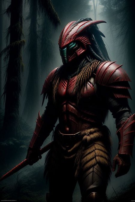 Amazing scene of Predator, fully armored Yautja,  badass helmet with war paint, misty forest setting, dimly lit, epic lighting, predator has advances technological rocket-launch system deployed from his shoulder armor, 
highest quality, focused, clear,