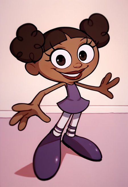 score_9, score_8_up, score_7_up BREAK MeeMeeDL, 1girl, dark brown hair, dark brown eyes, brown skin, curly pigtails, lipstick, sleeveless purple dress, white tights, purple ballet shoes, smiling at viewer, solo, solo focus, full body, standing,