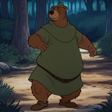 masterpiece, best quality, amazing quality, LittleJohnRH, semi-anthro, male, bear, brown fur, black eyes, green hat, green shirt, brown shoes, brown belt, standing, in forest