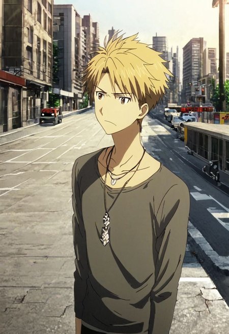 high resolution, solo, best quality, 1Boy, Yamato Ishida, Blond Hair, Necklace, overpass, downtown city, OverallDetail