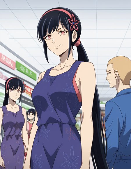 score_9, score_8_up, score_7_up, source_anime, <lora:yihwa-yeon-s2-ponyxl-lora-nochekaiser:1>, yihwa yeon, long hair, bangs, black hair, hair ornament, pink eyes, very long hair, hairband, large breasts,, dress, ponytail, purple dress, mall, shops, people, shopping, big, , smug, looking at viewer, solo,, dutch angle, cowboy shot
