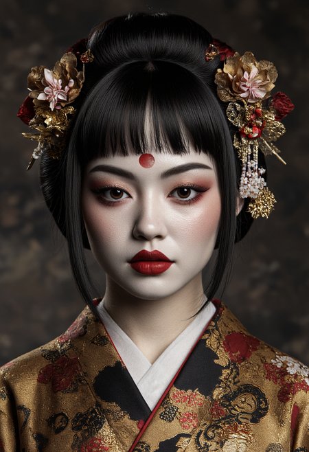 highly detailed, hyper-realistic CGI rendering of a young Japanese woman with an enigmatic expression. Her skin is pale, with a slightly ashen hue, and she has striking, dark, almond-shaped eyes with a slight reddish tint, which adds to her mysterious aura. Her face is adorned with intricate red and black makeup, including a prominent red crescent moon symbol on her forehead, suggesting a connection to traditional Japanese mythology. Her hair is dark and straight, styled in a traditional manner with ornate red and gold hairpins, and adorned with delicate cherry blossom flowers, adding a touch of elegance and symbolism.She is wearing a traditional Japanese kimono with a rich, patterned design in shades of gold, red, and black, which adds to the cultural authenticity of the image. The fabric of the kimono has a textured, slightly rough feel, contrasting with the smooth, almost porcelain-like texture of her skin. The background is blurred, focusing attention on her face, and is a mix of dark and muted tones, suggesting an indoor setting with dim lighting. The overall style of the image is highly detailed and realistic, capturing the essence of traditional Japanese aesthetics and mythology.,aidmaimageupgrader, aidmaMJ6.1 <lora:aidmaImageUprader-FLUX-v0.3:0.4> <lora:aidmaMJ6.1-FLUX-v0.5:0.7>