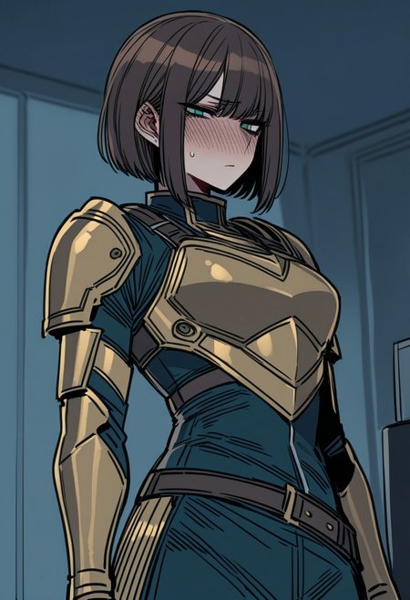 ratatatat74, 1girl, adult, tall girl, (short hair, dark dark brown hair), side-swept hair, straight hair, mature, highly detailed, high quality, detailed face, jade green eyes
BREAK
yellow chrome armor, light armed, breast plate, sword belt
BREAK 
shame, blush, look down
BREAK 
indoors, living room, lamp in background