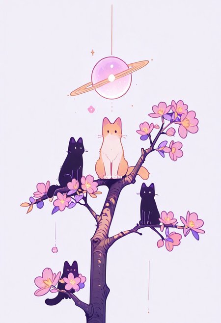 masterpiece, best quality, absurdres, cats sitting on a tree branch, facing each other in an intimate and harmonious pose. The left cat is black, while the right cat is white, creating a striking contrast. They are surrounded by delicate, blooming branches with small flowers, adding a serene and romantic atmosphere. The background is softly blurred, focusing the viewer's attention on the cats and their interaction. The lighting is soft, emphasizing the texture of their fur and the gentle ambiance of the scene. pink heart in front of them, white sphere in the background, h4ra_illu, momosp