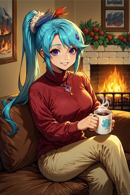score_9, score_8_up, score_7_up, score_6_up, source_anime, 1girl, solo,  <lora:hyrulelana-pdxl-nvwls-v1-000005:1> hyLna, cyan hair, high ponytail, hair ornament, purple eyes, red sweater, beige pants, sitting, couch, holding mug of coffee, smile, fireplace