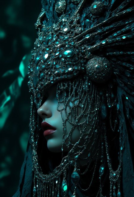 A enchantress materializes, her sad eyes are shattered emeralds. A tattered veil clings to her skin, casting an eerie silver glow. Chrome splinters crown her head, diamonds flashing like fireflies on a summer's night. A bejeweled latticework sprawls across her face, silver chains and diamonds glinting with manic light. Amidst this maelstrom, she remains serene, her gaze a cold, dark mirror reflecting the viewer's soul. A siren's call, beckoning deeper into the madness, her presence a whispered secret in the velvet darkness.