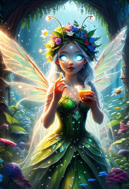 Glimmerborn, a small fairy covered in flowers, drinking a dew drop from a leaf