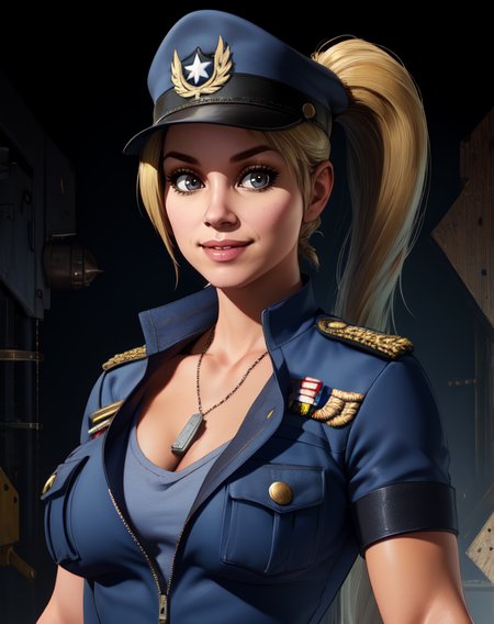 sonyamk11, blonde hair, ponytail, looking at viewer,     police hat, 
blue military uniform, hat, blue  undershirt, dog tags, 
upper body, standing, smile, cleavage, 
military base, 
(insanely detailed, beautiful detailed face, masterpiece, best quality) <lora:Sonyamk11-10v6:0.8>