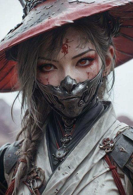 Capture the essence of a weathered old and worn-out female busty cleavage cyborg samurai amidst a swirling dust and electricity storm. Bent forward, obscured beneath a large, round sedge hat, their face barely visible. With arms outstretched, each hand holds a hovering, semi-molten translucent dark red-gray orb. Against the backdrop of the sun, they stand in a desolate, bleached white sand desert.. translucent dark-red moonlight greatsword ,holding sword, glowing weapon,
 very detailed, atmospheric haze, Film grain, cinematic film still, shallow depth of field, highly detailed, high budget, cinemascope, moody, epic, OverallDetail, gorgeous, 2000s vintage RAW photo, photorealistic, candid camera, color graded cinematic, eye catchlights, atmospheric lighting, skin pores, imperfections, natural, shallow dof
