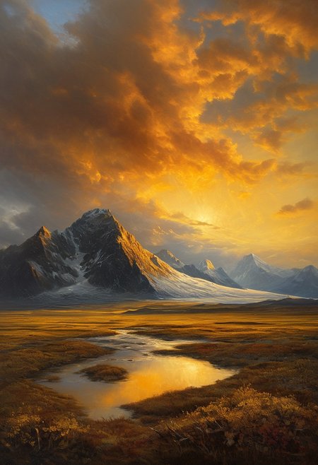 (masterpiece:1.4), (intricate details:1.4), (hyperrealistic:1.3),(painting:0.9),(fantasy landscape:1.3), Arctic tundra with permafrost patterns, Supercell rotating over prairie, Mammatus pouches under storm deck, Golden hour sidelight emphasizing texture, Yardang wind-sculpted ridges, Albert Bierstadt: (luminous skies), (dramatic mountain vistas), (hyperrealistic naturalism), (golden hour glow), Abandoned clockwork metropolis Long shot, Monochrome color guide,