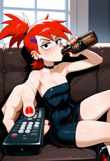 masterpiece, best quality, newest, highres, absurdres, 
source_cartoon, Foster's Home for Imaginary Friends, Frankie Foster, 
dress, cleavage, bare shoulders, earrings,nail polish, black footwear, black eyes, black dress, high heels, strapless, covered navel, short dress,  strapless dress, red nails ponytail, black eyes, red hair, flat chest, petite body, shortstack,
 sitting, holding bottle, holding remote control, controller, on couch, drinking, looking at viewer, food