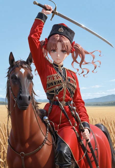 masterpiece, best quality, amazing quality, absurdres, k4z4k, black fur hat, red coat, black shirt, sheath, sword, military uniform, dagger, black boots, one girl, shirai kuroko, brown eyes, brown hair, long hair, twintails, hair bows, red bow, parted bangs, holding sword, hand up, arm up, horse, riding, horseback riding, cowboy shot, rural, wheat, blue sky, looking at viewer, dynamic pose,