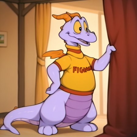 masterpiece, best quality, amazing quality, Figmentdrgnil, semi-anthro, dragon, purple skin, black eyes, yellow sclera, orange horns, orange wings, yellow shirt with red trim,  standing, inside, solo, full body