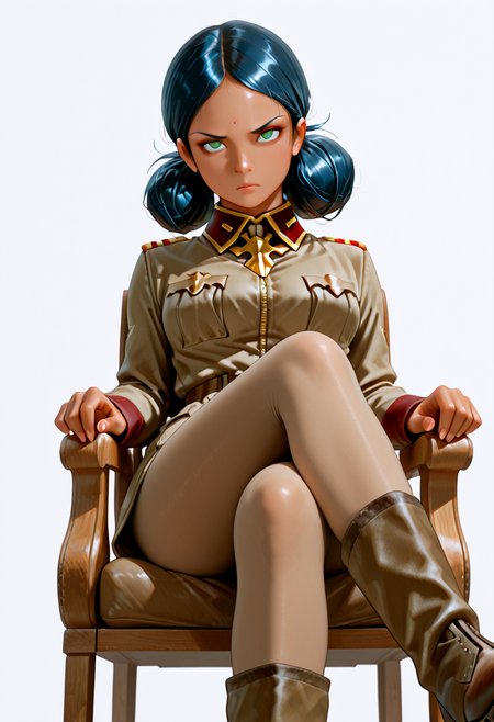 IllusP0s, masterpiece, best quality, amazing quality, very aesthetic, absurdres, newest, (detailed eyes:1.4),((ultra detailed hair:1.4)),((Dynamic Angle))
BREAK
1girl, solo, L4l4h_Sun3, <lora:Lalah_Sune_-_100percent_-_manga02:1>, Bun Hair, green eyes, Dark blue hair, Brown Skin.bindi
((Light brown military uniform)), Light brown tights, Brown boots
BREAK
((blank background)) , white background, ((upper body)),straight-on
Glaring, officer's chair, sitting on a chair, crossing legs, from below,looking at viewer