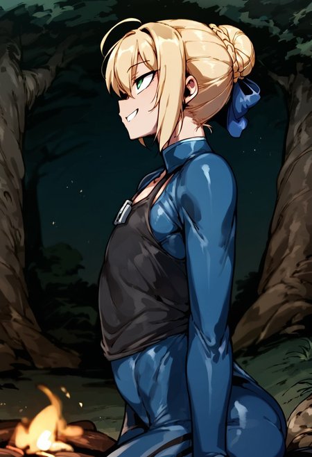 score_9, score_8_up, score_7_up, anime screencap, rating_safe, intricate details, , depth of field, doppel style, 1girl, saber \(fate\), blonde hair, green eyes, ahoge, hair between eyes, hair bun, hair bow, solo, from side, cabin, forest, campfire, dark, (dynamic pose), half-closed eyes, smile, <lora:blue_lock_style_pony:1.2>, blue_lock_style, , blue lock bodysuit, , black tank top, <lora:sdxl_lightning_8step_lora:1>