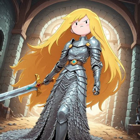 masterpiece, best quality, amazing quality, absurdres, dynamic angle, medieval barracks, adventure time,
BREAK,
1girl, solo, light skin, perfect hands, blonde hair, long hair, dot eyes, simple eyes, frown, determined expression, armor dress, Wielding sword