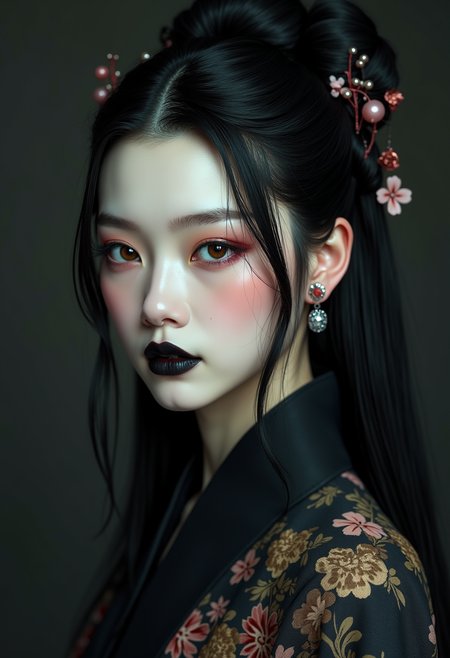 cinematic photo A highly detailed, realistic digital painting of a Chinese Zixia Fairy woman 28yo with a pale complexion, dark straight hair in an elegant updo with a few loose strands framing her face, intricate makeup , deep black lips, wearing a high-collared garment with floral patterns in a dark, muted palette, against a dark gradient background, emphasizing her enigmatic and mystical aura,, high resolution, rich textures, and contemplative mood. Dark makeup,
. Her eyes are a deep piercing and  brown
<lora:FluxMythP0rtr4itStyle:0.5> mythp0rt . 35mm photograph, film, bokeh, professional, 4k, highly detailed