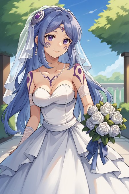 score_9, score_8_up, score_7_up, score_6_up, source_anime BREAK 1girl, solo   <lora:tialuna-pdxl-nvwls-v1-000006:1> tialuna, blue hair, purple eyes, facial mark, tattoo, circlet, hair ornament, bridal veil, wedding dress, white dress, gown, garden, blue sky, holding bouquet, smile
