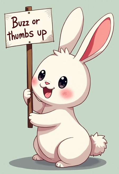 A white rabbit holding sign it say "Buzz or thumbs up." anime style