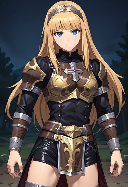 1girl, solo, exorcistcharlotte, blonde hair, long hair, blue eyes,  leather armor, jeweled headband, stylized brown breastplate, leather shorts, stylized loincloth, single pauldron,  metal wristbands, leather tassets, outdoors, night, standing, serious, cowboy shot