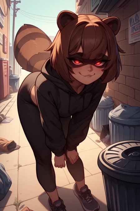 score_9, score_8_up, score_7_up, 1girl, solo, <lora:mixp_pd_glora:1> raccoon girl, raccoon tail, raccoon ears, brown hair, cropped hoodie, black hoodie, black pants, yoga pants, sneaking, trash cans, outdoors, smug, red eyes, glowing eyes, puffy tail, looking at the viewer, leaning forward