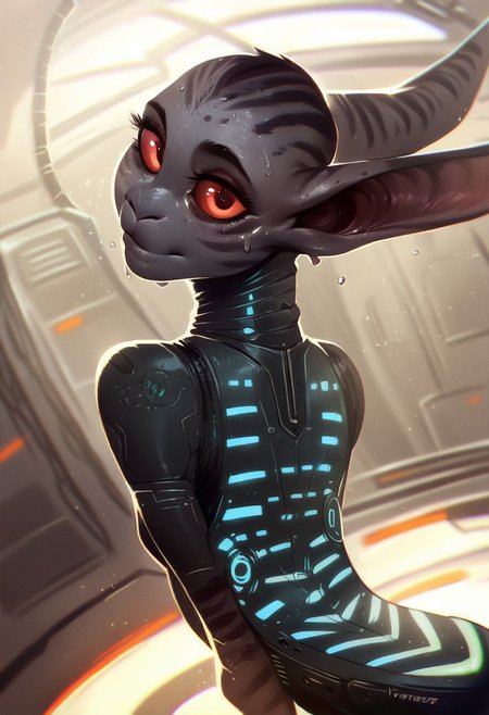 score_9, score_8_up, score_7_up, score_6_up, score_5_up, score_4_up, solo,  cute  alien girl engineer, long ears, (big evil eyes) , stripes, cute ,pupilless , close up, half closed eyes, wearing futuristic jumpsuit, dirty skin,  skinny, engine room of a spaceship, detailed background, medium chest, indoor,(from behind), presenting her back, looking at viewer, sweating, holographic terminals, cleavage
<lora:ToraFurry_XL_PonyV6_p1-t1:0.5>