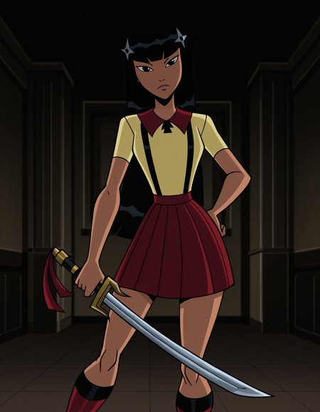 yellow shirt, suspenders, pleated skirt, kneehighs, 
indoors, dark background, 
1girl, solo, standing, looking at viewer, holding sword, katana, 
 <lora:batmantbatb-katana:1> xkatanax, black hair, long hair, black eyes, hair ornament,