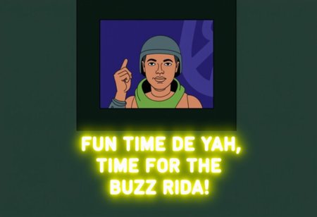 Cartoon screenshot of Doc from GI Joe looking through a window from the outside with a raised finger and open mouth, wearing his helmet. There are glowing yellow subtitles with the text "FUN TIME DE YAH, TIME FOR THE BUZZ RIDA!".