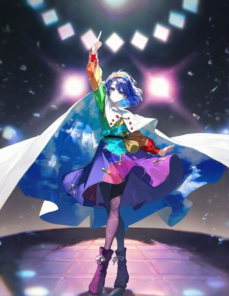 tenkyuu_chimata, 1girl ,rella, quasarcake:0.7, rolua, optical illusion, negative space, saturday_night_fever,blue_hair, breasts, cape, hairband , looking_at_viewer ,multicolored_hairband, pantyhose, purple_eyes ,short_hair ,smile, solo, sweat ,white_cape, disc,  disco,CDs, arm_up , index_finger_raised, outstretched_arm , dance_floor, dancing,wide shot, one hand point to sky one hand point to the ground,
<lora:illustrious_noobai_epsilon_pred_1_best_quality_v1:0.7> ,<lora:illustrious_noobai_epsilon_pred_1_masterpieces_v1:0.7>, <lora:ponyv4_noob1_2_adamW:0.5>, <lora:add_details_xl:0.7>, <lora:CDs_SDXL:1>,
masterpiece, best quality, amazing quality, very aesthetic, absurdres, newest,
