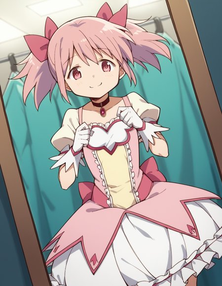 score_9, score_8_up, score_7_up, source_anime, <lora:madoka-kaname-s1-ponyxl-lora-nochekaiser:1>, madoka kaname, short hair, ribbon, twintails, hair ribbon, pink hair, pink eyes, short twintails,, skirt, gloves, dress, bow, choker, puffy sleeves, white gloves, magical girl, bubble skirt,, dressing room, mirror, lights, costumes, makeup, smile, smug, looking at viewer, solo,, dutch angle, cowboy shot