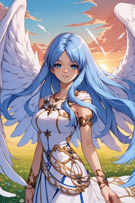 score_9, score_8_up, score_7_up, score_6_up, source_anime, 1girl, solo,  <lora:ysfeena-pdxl-nvwls-v1-000004:1> angelFeena, light blue hair, very long hair, blue eyes, angel wings, white dress, jewelry, armlet, bracelet, blue sky, field, sunset, looking at you, smile, big breasts