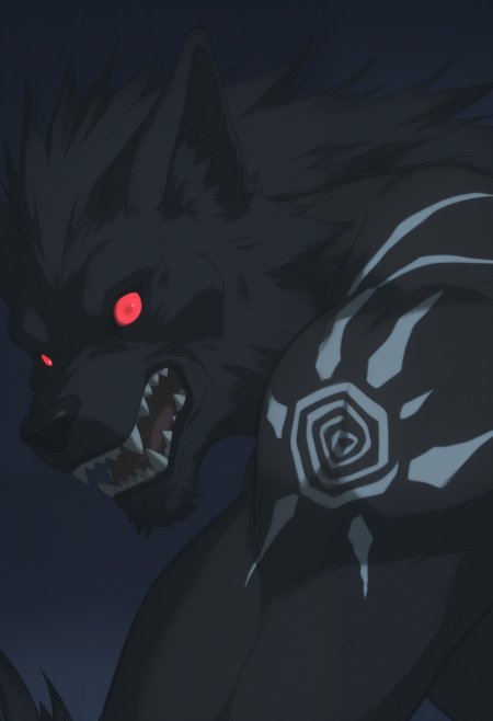 masterpiece,best quality,amazing quality, 1boy, solo, vl4d, werewolf, brown fur, white tribal tattoos, red sclera, no pupils, close up, side angle