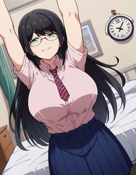 score_9, score_8_up, score_7_up, source_anime, <lora:yuzuki-hanyuu-s1-ponyxl-lora-nochekaiser:1>, yuzuki hanyuu, long hair, black hair, green eyes, glasses, huge breasts,, skirt, shirt, white shirt, pantyhose, necktie, collared shirt, pants, blue skirt, pink shirt, bedroom, alarm clock, morning routine, yawning, stretching, on bed,, , looking at viewer, v, v over mouth, smug,, solo,, dutch angle, cowboy shot